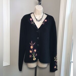 Acorn 100% Wool Black Embroidered Button Down Cardigan - Women’s XL  Like New
